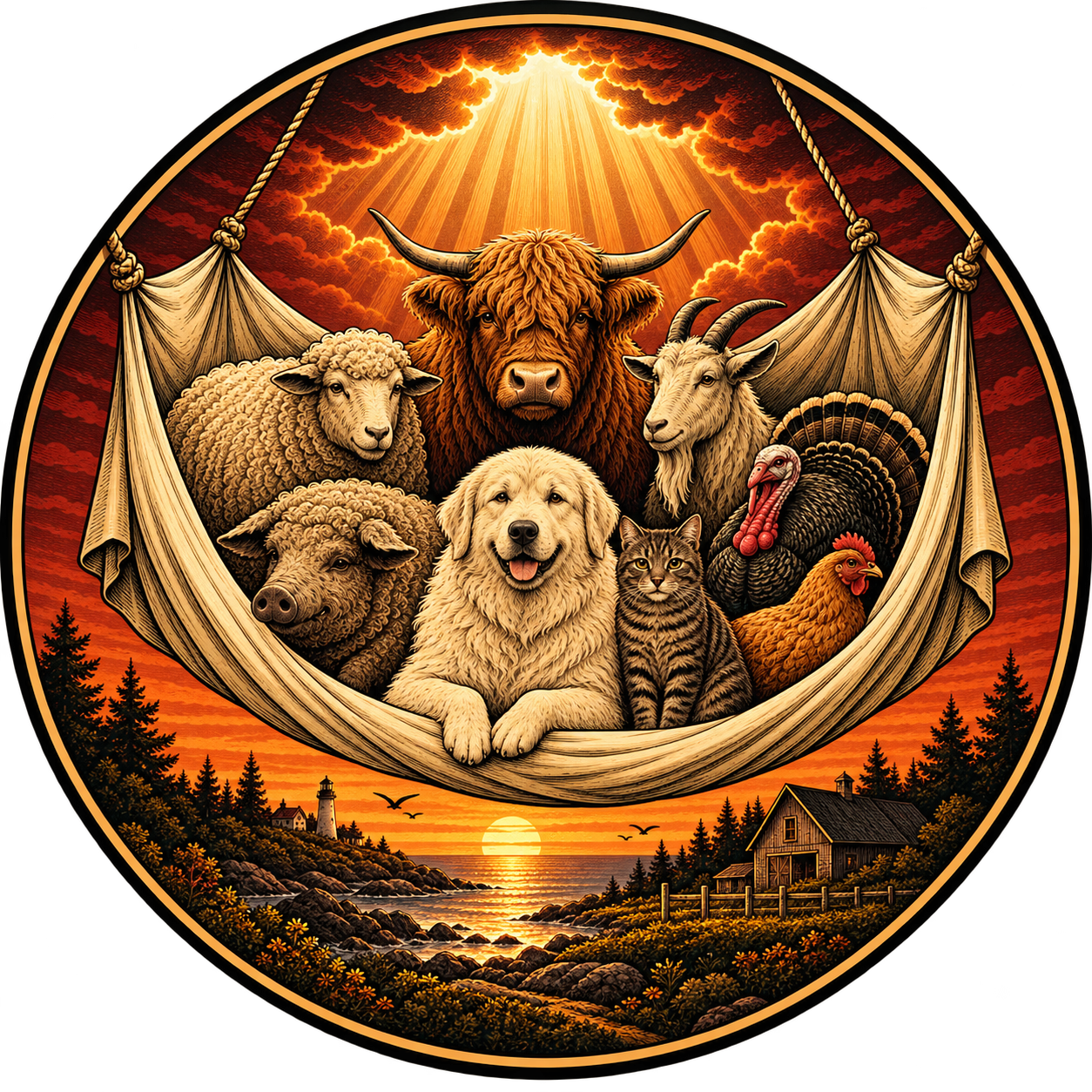 His Homestead emblem: farm animals in a suspended sheet beneath golden light, above a Maine coastal landscape.